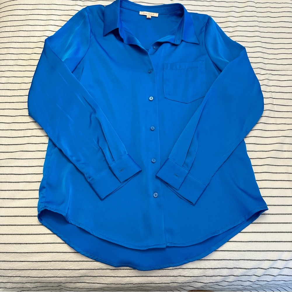 Skies Are Blue - Cobalt Blue Satin Button Down Shirt - Size XS